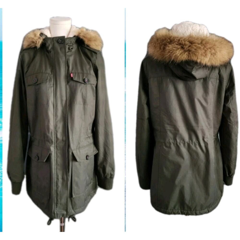 Levi Strauss NEW Fur Hood Parka Coat Size Medium Green Jacket Sherpa Lined - Picture 2 of 10